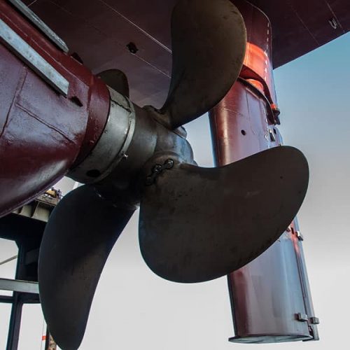 View of rudder and propeller, picture taken in dry dock in Germany